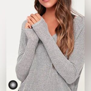 Bevin Heather Grey Knit Long Sleeve V-Neck Sweater Top